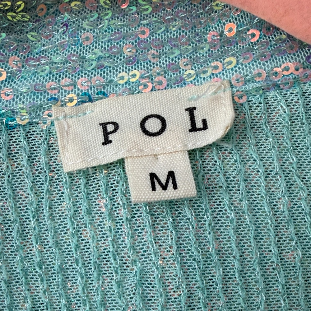 POL Light Turquoise Sequin Cropped Button-Down Top - image 3